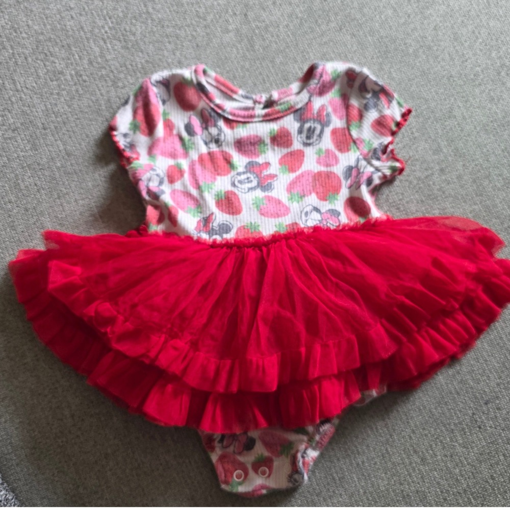 Disney Baby Minnie Mouse Strawberry Tutu Bodysuit Red White 6-9M Ribbed Dress
